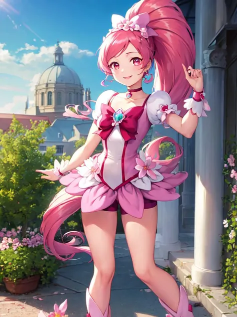 masterpiece, best quality, looking_at_viewer, depth_of_field, smile,
1girl, <lora:locon_cure_blossom_v1:0.9>, cure blossom, long ponytail, hair ribbon, wrist cuffs, gem, flower earrings, boots, choker, shorts under skirt, pink shorts,