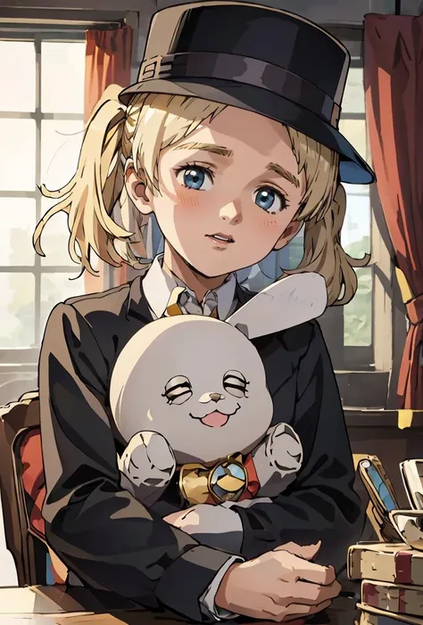 anime girl with a rabbit in her arms sitting at a table