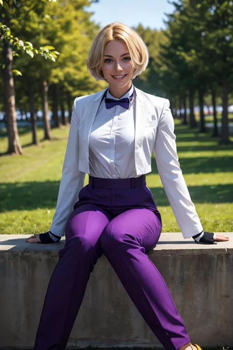 KingKOF, small breasts, short blonde hair, blue eyes, bow tie, fingerless gloves, purple pants, yellow belt, white shirt,purple blazer, looking at viewer, smiling, sitting, outside, park, field, trees, lake, winter, blue sky, high quality, masterpiece, <lo...