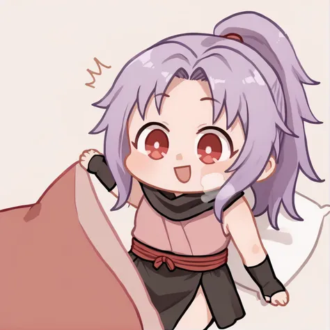 seggs, chibi, open mouth, smile <lora:seggs_xlpd:1.1>1girl, medium hair, purple hair, ponytail, red eyes, fingerless gloves, bla...