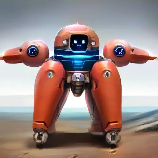 a close up of a robot with a large body and two eyes