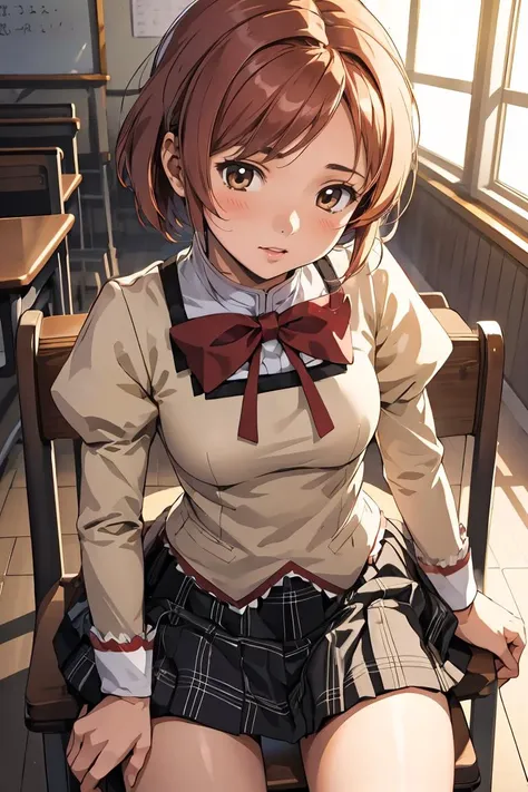 anime girl sitting on a chair in a school uniform