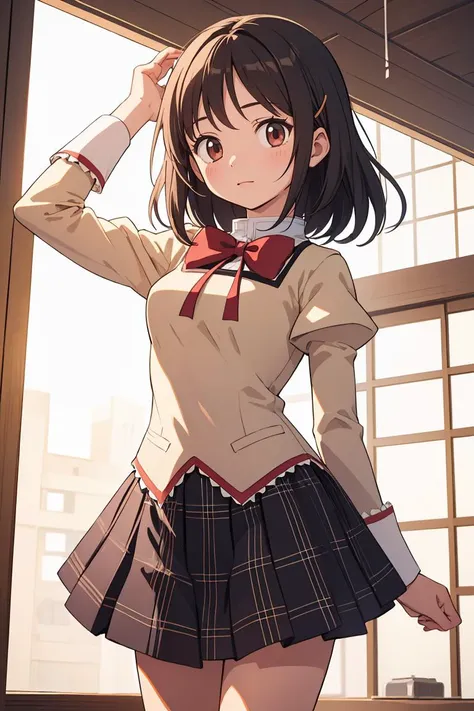 anime girl in school uniform standing in front of window with her hand on her head