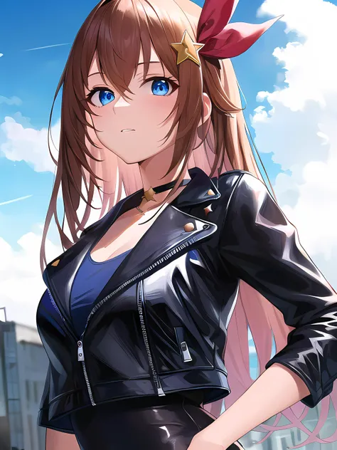 anime girl with long hair and blue eyes in black leather jacket