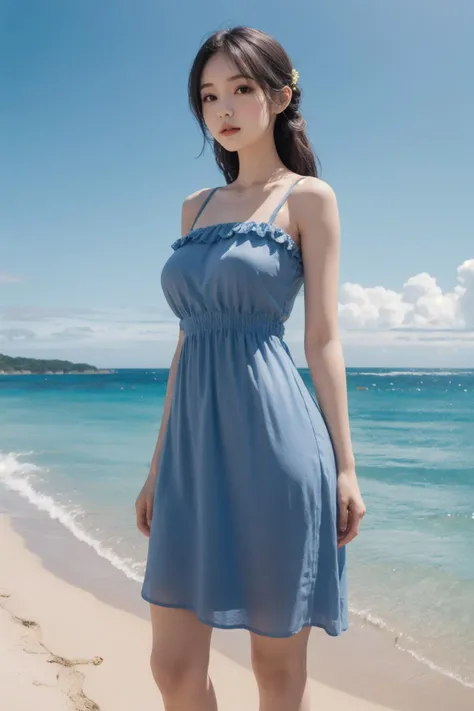 1girl, solo, 
marsei, large breasts, sundress,standing,ocean, (arms at sides),  <lora:MarseiSports:1>