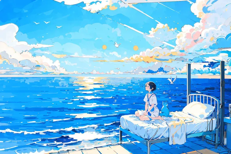 (masterpiece:1.2), best quality,PIXIV, 
fairy tale style, 1girl, cloud, solo, sky, blue theme, bed, black hair, cloudy sky, wide shot, sitting, water, short hair, short sleeves, dress, cat, bird, hospital bed, blue sky, outdoors, ocean, horizon
 <lora:fair...