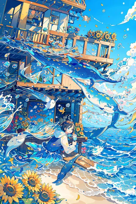 (masterpiece:1.2), best quality,PIXIV, 
fairy tale style, fish, 1girl, flower, shark, bubble, cloud, sunflower, turtle, black hair, outdoors, day, solo, ocean, water, dolphin, scenery, plant, sky, short hair, whale, sitting, signature, penguin, blue sky
 <...