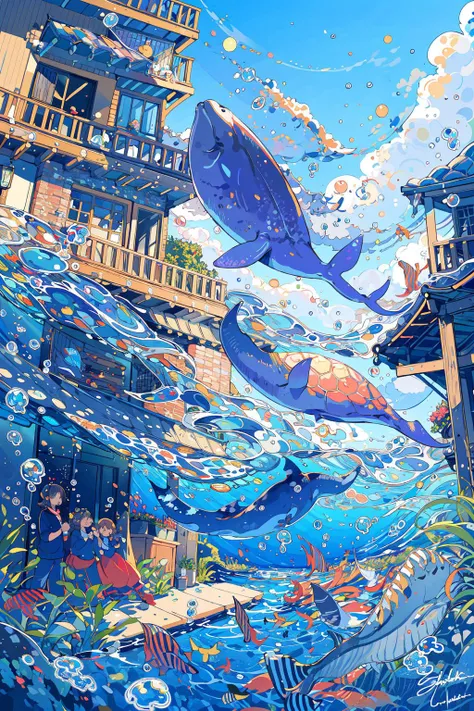 (masterpiece:1.2), best quality,PIXIV, 
bubble, fish, air bubble, plant, underwater, whale, ladder, scenery, 1girl, ground vehicle, sky, turtle, signature, water, building, house, multiple girls, outdoors, day
 <lora:fairy tale style-000016:0.7>