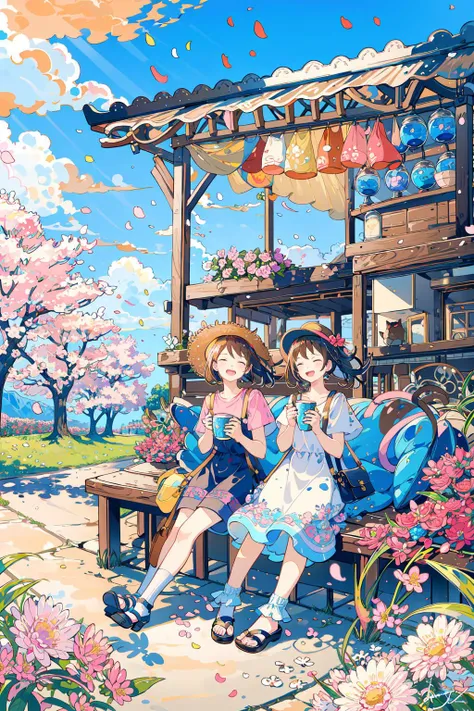 (masterpiece:1.2), best quality,PIXIV, 
multiple girls, hat, cloud, petals, sky, 2girls, flower, black hair, shirt, yellow shirt, pink flower, sitting, shorts, ponytail, short sleeves, cat, blue sky, food, closed eyes, ground vehicle, dog, signature, dress...