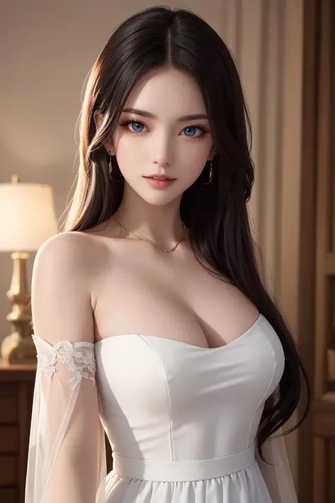 (mature woman:1.3), solo, adult, Black long hair, blue eyes, large breasts, white long dress, open neckline,  (high quality), (best quality), (detailed), perfect lighting, detailed face, detailed body,