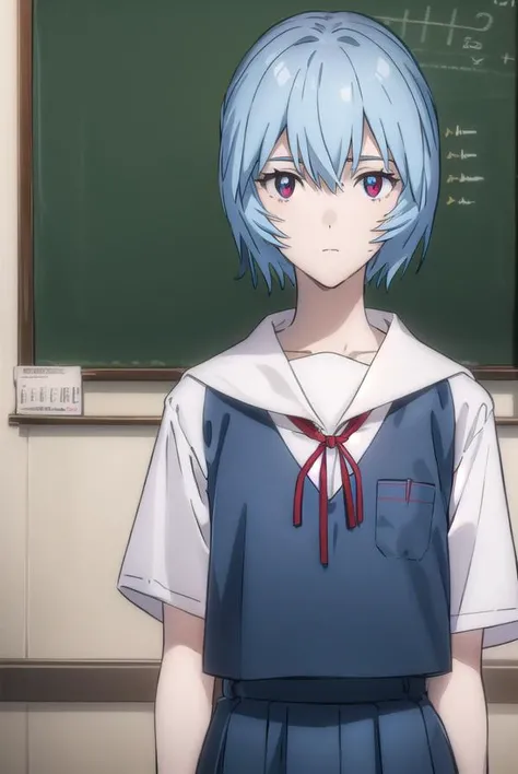 reiayanami, <lora:rei ayanami rebuild-lora-nochekaiser:1>, 
rei ayanami, (ayanami rei:1.2), blue hair, short hair, (red eyes:1.2),
BREAK skirt, shirt, ribbon, (school uniform:1.5), white shirt, short sleeves, red ribbon, neck ribbon, (tokyo-3 middle school...