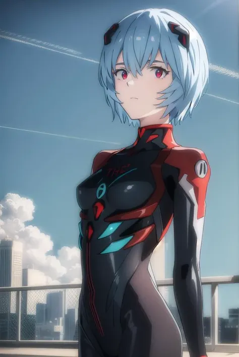 reiayanami, <lora:rei ayanami rebuild-lora-nochekaiser:1>, 
rei ayanami, (ayanami rei:1.2), blue hair, short hair, (red eyes:1.2),
BREAK bodysuit, headgear, plugsuit, black bodysuit,
BREAK outdoors, city, sky, sun, clouds,
BREAK looking at viewer, (cowboy ...