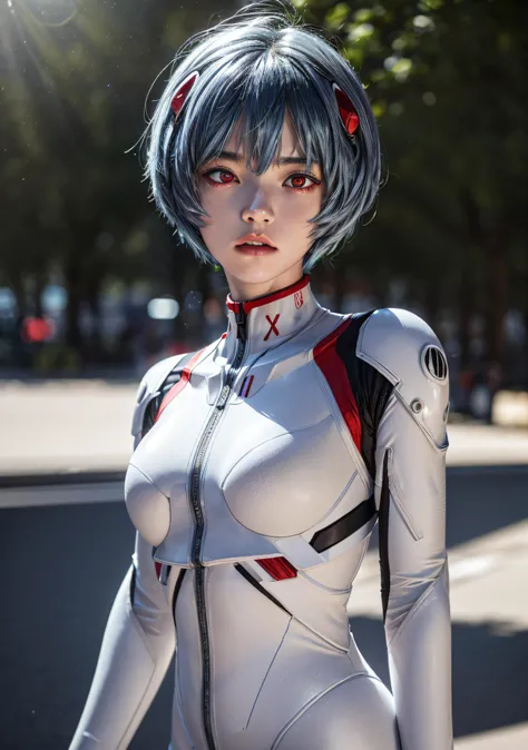 a teen girl, rei ayanami, (ayanami rei:1.2), blue hair, short hair, (red eyes:1.3),bodysuit, headgear, plugsuit, white bodysuit, realistic, 4k, photorealistic, best quality, laboratory, dramatic lights, ALOECRAPART-1000, ray tracing,detail shadow,shot on F...