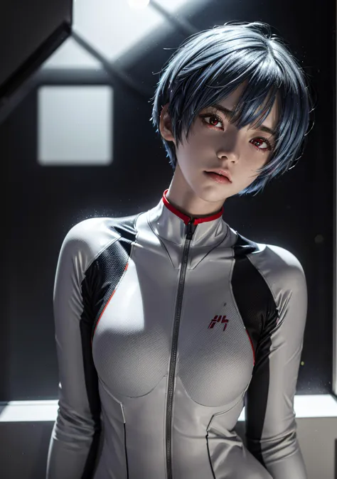 a teen girl, rei ayanami, (ayanami rei:1.2), blue hair, short hair, (red eyes:1.3),bodysuit, headgear, plugsuit, white bodysuit, realistic, 4k, photorealistic, best quality, laboratory, dramatic lights, ALOECRAPART-1000, ray tracing,detail shadow,shot on F...