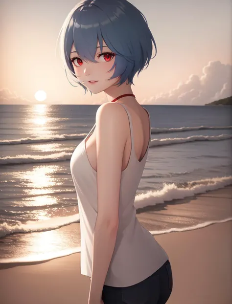 (best quality), highres, <lora:add_detail:-0.6>,  <lora:reiayanamitest:1> rei ayanami, blue hair, short hair, (red eyes:1.5), casual, beach, sunset