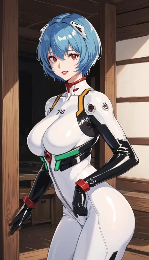 ((masterpiece)), (best quality), (ultra-detailed), best artist, realistic, 4k wallpaper, detailed face, (red lips, seductive smiling), ((1girl, solo)), ((blue hair, short hair)), ((sexy)), (erotic:1.2), (rei ayanami, (red eyes:1.5)), bodysuit, headgear, pl...