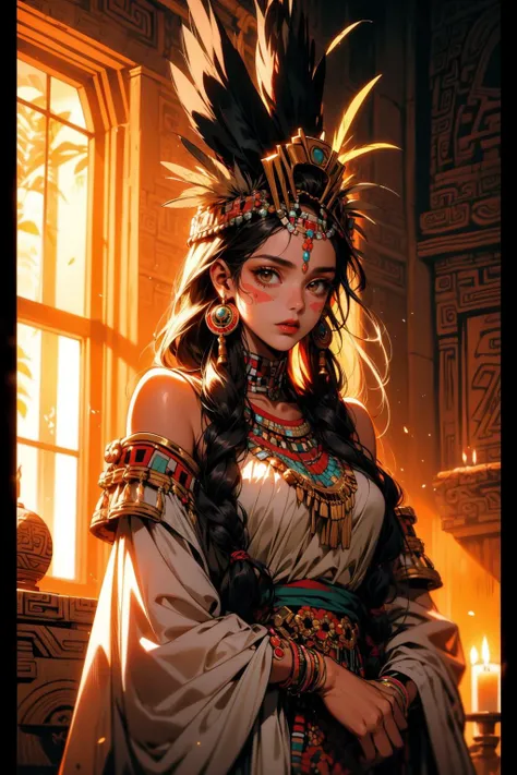 (fantasy:1.2), (epic:1.2), BREAK,
(mayan tribal goddess:1.5), (feathered headdress:1.2), (tribal dress:1.2), (tribal:1.2), BREAK, 
(masterpiece:1.4), (beautiful and aesthetic:1.4)