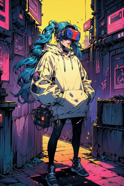 (masterpiece:1.4), (beautiful and aesthetic:1.4), (intricate:1.2), (detailed:1.2), (vibrant colors:1.2), BREAK,
(cyberpunk:1.2), (full body:1.0), BREAK,
(punk girl:1.2), (oversized hoodie:1.1), (pantyhose:1.0), (twintails:1.2), (long hair:1.2), (vr headset...