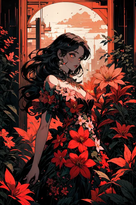 (masterpiece, best quality, detailed, flat colors), (noir), industrial, high contrast, (rococo), oil painting, ominous BREAK (solo), (dryad), flower dress, (fl0r4l_1), floral dress, bloodstainai, looking at viewer, (flowers), <lora:fl0r4l_1:0.7> <lora:Bloo...