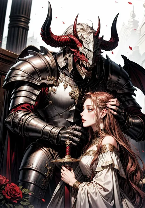 (masterpiece, top quality, best quality, official art, beautiful and aesthetic:1.2), extreme detailed, (fractal art), (a beautiful women next to a male demon:1), (1girl +1man), (demon man in armor wearing a mask next to a maiden), epic, love, emotional, em...