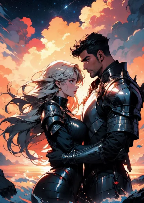 Masterpiece, 8k, illustration, A man and a Woman, 2 people, 1man, 1woman 1 Man: heavy armor, full armor, black armor, 1 Woman: light armor, tight bodysuit, black bodysuit Dynamic pose, cinematic lighting Side to side, liquid clothes, starry stars, cloud, c...