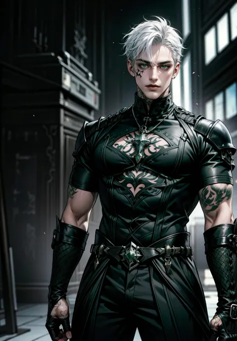 gothic guy, white hair, pierced lips, tattoos, defined body, black short-sleeved outfit, green eyes, fuckboy-style hair, futuristic setting