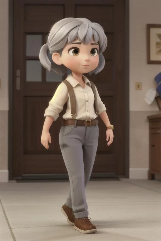 a cartoon character in a white shirt and gray pants