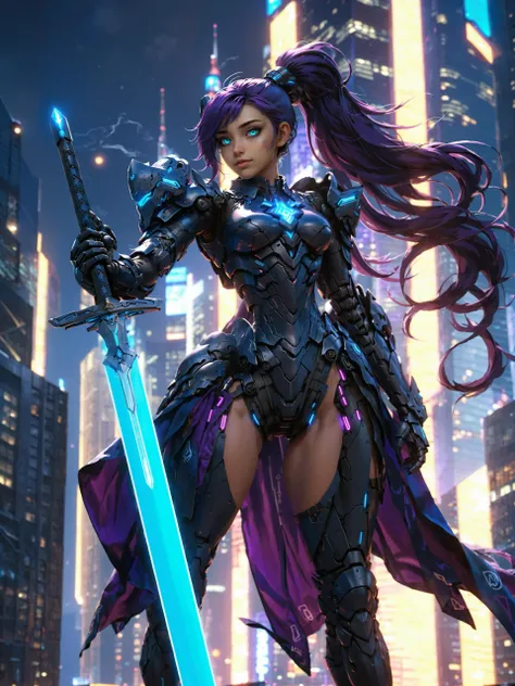 a woman in armor holding a sword in front of a city