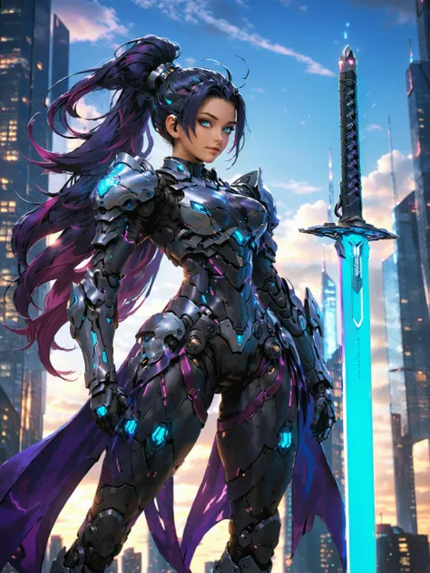 a woman in armor holding a sword in front of a city