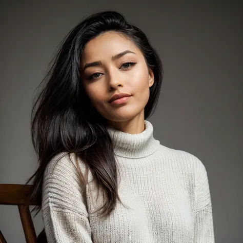 a woman sitting in a chair with a white sweater on