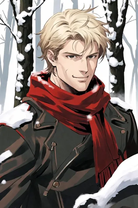 best quality, mature male, solo upper body, male side face focus,
blond hair, black eye, best detailed face, smile,
black leather coat, hoodie with fur, red scarf,
snow, winter snow storm, wind, (snowy forest:1.3), cold zone, trees,
in forest, withered bus...