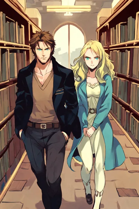 best quality,man and girl, a girl with long wavy brown hair and blue eye, a man with short blonde hair and green eye, in library