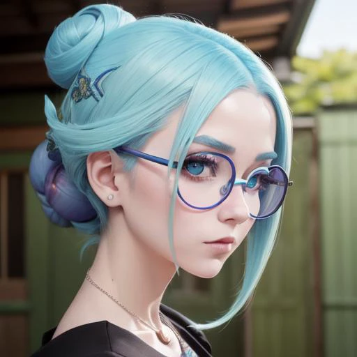 1girl,

Baby blue hair, Chartreuse eyes,

Snail glasses , Wipe forehead , Ralph Necklace ,
Petite hourglass, pompadour, Layered cut,
Oiran,

from side,
character-posture-Stadic,