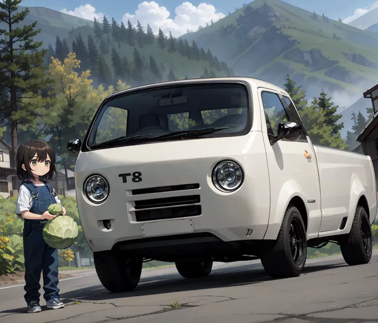 anime character standing next to a white truck on a road