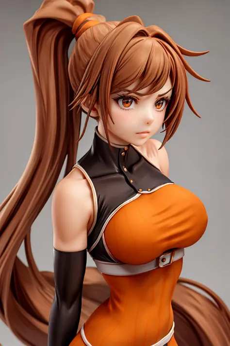 (best quality), upper body portrait, dnfstriker, extremely beautiful, brown hair, ponytail, toned body, orange sleeveless turtleneck, fingerless gloves, wrists with white bandages, black leggings, looking at viewer, standing, nothing behind the background,...