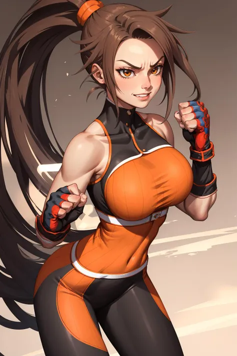 masterpiece, best quality, dnfstriker, ponytail, orange sleeveless turtleneck, black leggings, fingerless gloves, black leggings, cowboy shot, large breasts, leaning forward, clenched fists, fighting stance, furrowed brow, smile, gymnasium <lora:striker-nv...