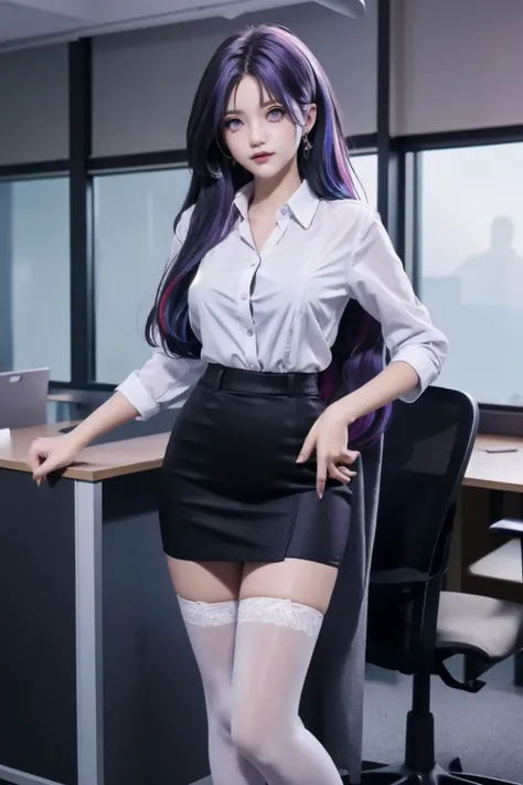 ,Unzen, 1girl, long hair, multicolored hair,purple eyes,
,office lady, business suit,  black skirt, white shirt, black thighhighs, standing 
office,office, <lora:Unzen_20230911102126-000018:0.8>