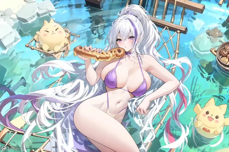 swimming suit,Unzen, 1girl, swimsuit, breasts, long hair, food, bikini, multicolored hair, large breasts, eating, solo, ponytail, very long hair, purple bikini, official alternate costume, white hair, streaked hair, purple eyes, cleavage, water, choker, do...