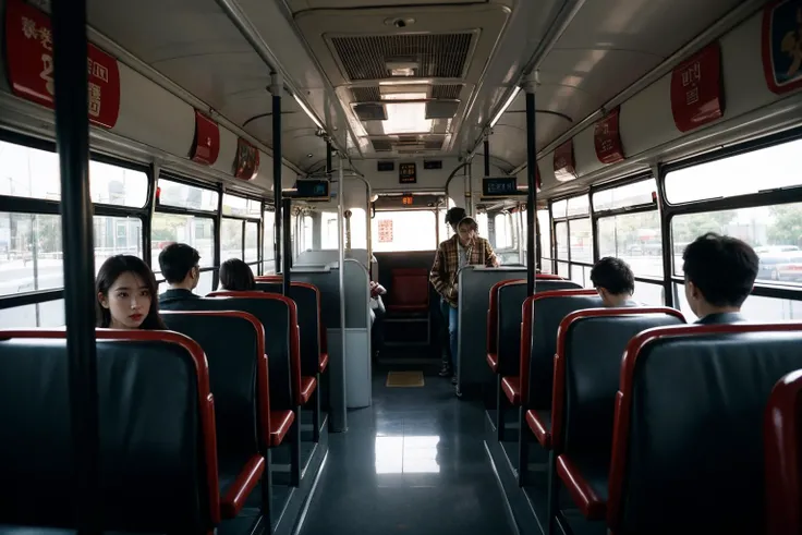 cinematic photo indoors,<lora:bus interior_v1:0.3>,ruanyi047,bus interior,standing,multiple girls,multiple boys,(people:1.2),(crowd:1.2), . 35mm photograph, film, bokeh, professional, 4k, highly detailed, (masterpiece:1.2), best quality, highres,extremely ...