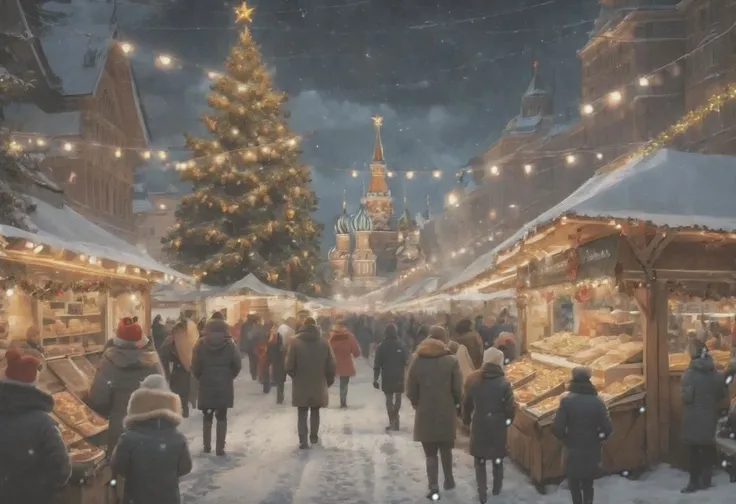 Moscow christmas market scene with snow, food vendors, cookies, christmas lights, large christmas tree. late night, beautiful glow, particles, starry sky, atmospheric, crowds of talking people, strings of lights overhead, people on left side walking toward...