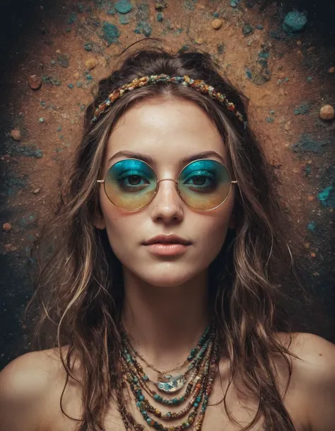 Hippie girl, (stoned:1.5), high, (wasted:1.3), stoned smile, looking at camera, round sunglasses, beads in hair, (dirty:1.3), sweaty, (wet:1.2), moist. Abstract, psychedelic, colorfull background, low saturation, pastelle colors. LSD, mescaline, psylocibin...