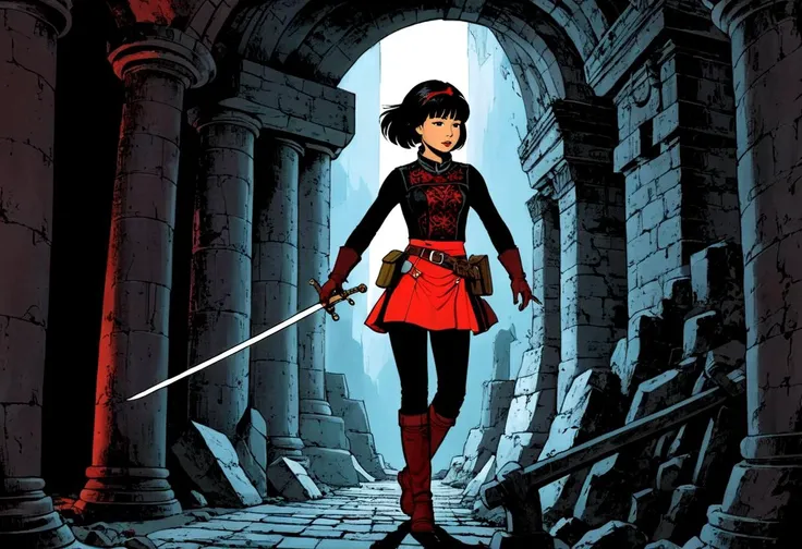 (best quality, masterpiece, absurdres, highres, ultra_detailed, dynamic angle:1.2), Yoko Tsuno <lora:yoko_tsuno-xl-v2-000014:0.7>, 1girl, black eyes, black short hair, short red skirt, black pants, red tall boots, holding a medieval sword, in an undergroun...