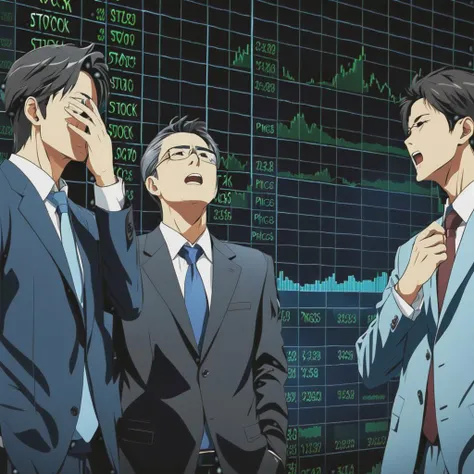 Anime style. 2 stock investors and businessmen (sadly:2) stood in front of a stock screen, all crying as tears streamed down their faces. On the screen, a chart continuously displayed the continuously (declining stock prices:3.8). Finally, the prices reach...