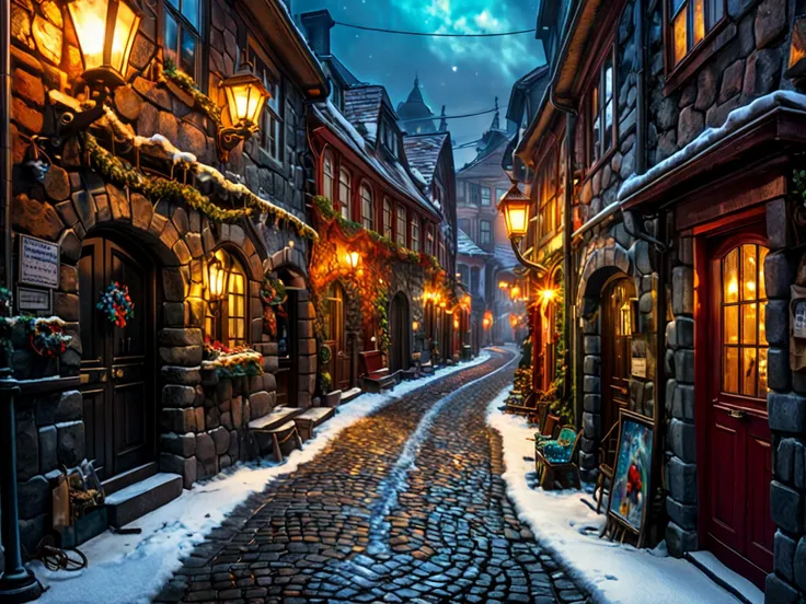 8K, UHD, HDR, cinematic, cinematic image, intricate details, realistic, photo,

Fantasy art style, Ethereal, curving cobblestone path winding between buildings. winter.

vibrant style, colors that flow and blend. 

<lora:RMSDXL_Enhance:0.45>,
<lora:add-det...