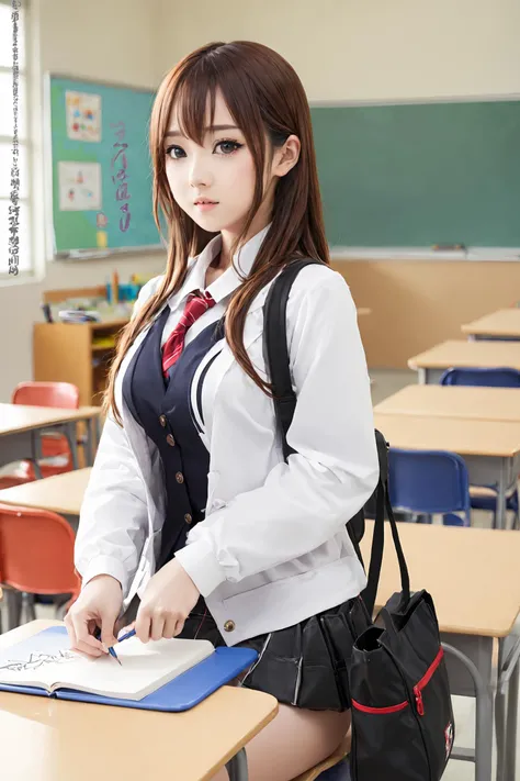 masterpiece, best quality, 1girl,  <lora:kwFemale_Beta40-SDXL_v1:1>, asian, waifu, cleavage
student,classroom,bag,table