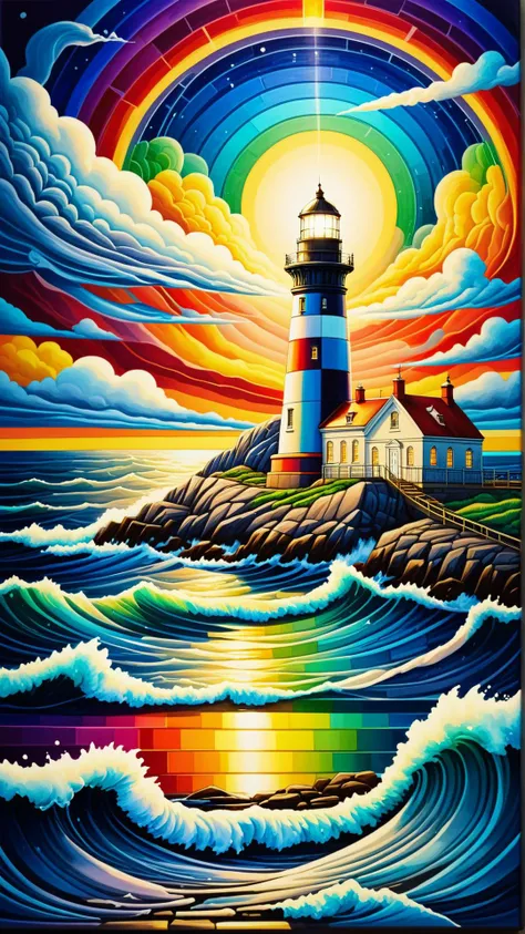 <lora:GaelicPatternStyleXL:1> GaelicPatternStyle a lighthouse beaming out a spectrum of colors across a stormy sea