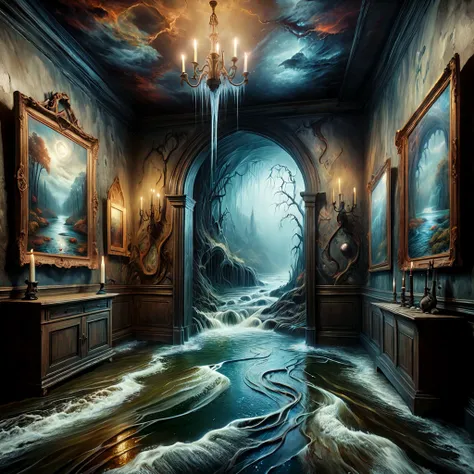 8K, UHD, HDR, intricate details, realistic, photo,

(Paint a cursed Gothic-style painting),

A painting of a river hangs on an art gallery wall. Water pours from the painting onto the floor.

Fantasy style, fantasy dreamlike art. Rustic. 

Surreal harmony....