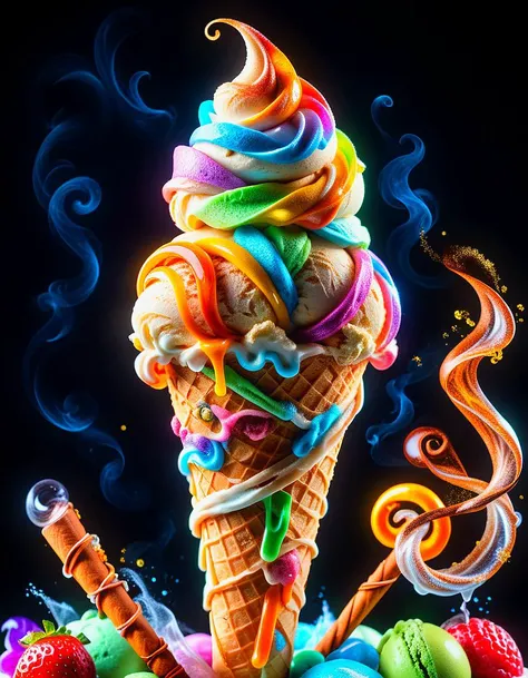 solid glitter black background, vibrant vivid colorful single individual ice-cream cone sculpture made of marble, (extreme closeup:1.2), whip, swirl splash, cinnamon sticks, 8k, high quality, shimmer, wet, frosty,