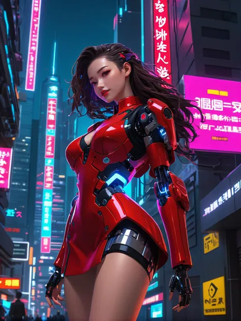 cyberpunk cityscape, (sfw:1.3), solo, 1girl, hightech_robotics Girlfriend (friday night funkin),  with mechanical arms, android-seams, (red dress, red high heels:1.3) BREAK, long messy hair, lewd face, kinky laughter, face away, look down, thick thighs, ou...