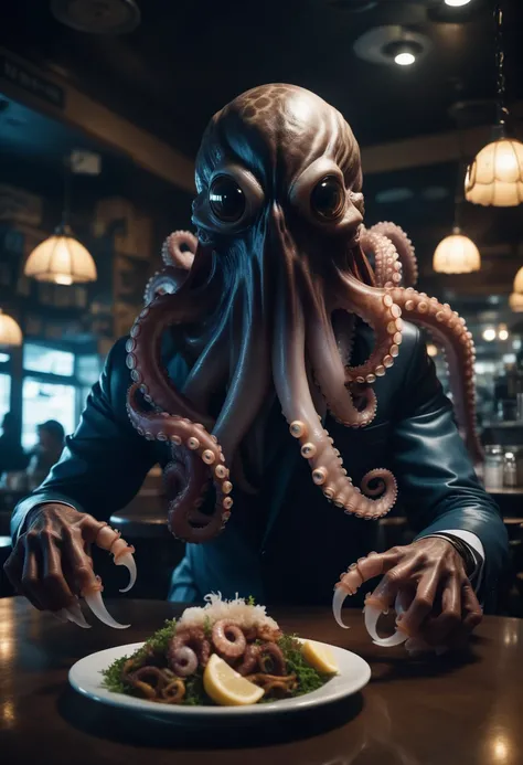 cinematic photo portrait of a terrifying humanoid monster with fish features mixed with octopus in dimly lit cafe. 35mm photograph, film, professional, 4k, highly detailed